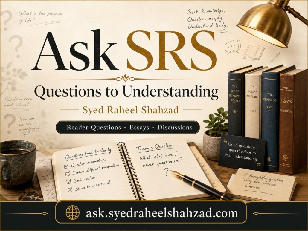 Ask SRS image showing Syed Raheel Shahzad and the reader pathway from questions to understanding