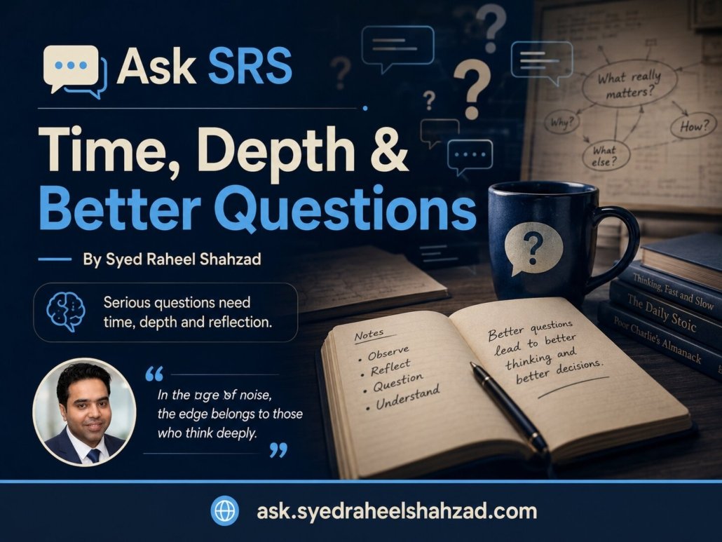 Ask SRS image showing Syed Raheel Shahzad, time, depth, better questions, reflection and serious reader discussion