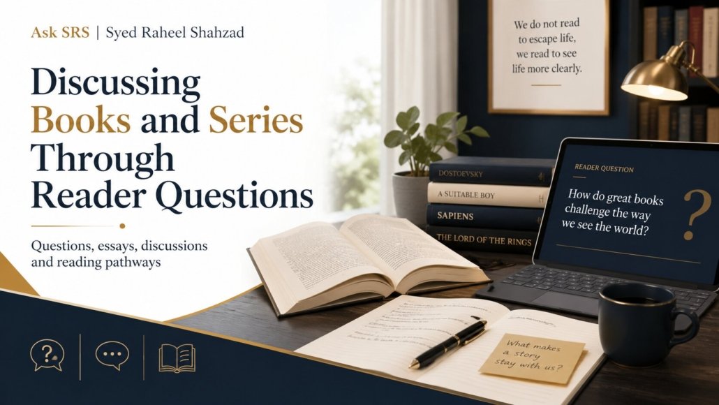 Ask SRS image showing readers discussing Syed Raheel Shahzad books and series through questions, essays and reading pathways.