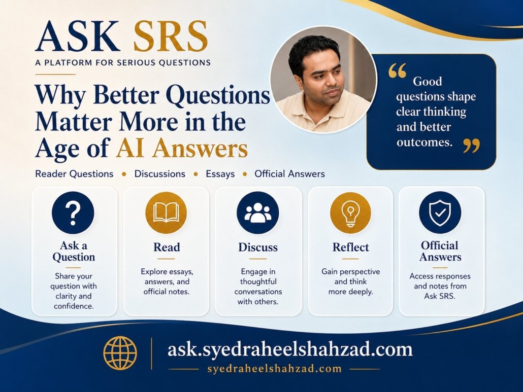 Ask SRS image showing Syed Raheel Shahzad better questions AI answers reader discussion and official notes