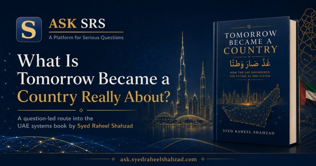 Ask SRS image about what Tomorrow Became a Country by Syed Raheel Shahzad is really about, UAE systems thinking, questions and public knowledge