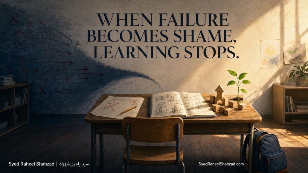 A school desk symbolically divided between crossed-out failures and a sunlit learning space, illustrating why children hide mistakes when failure becomes shame. Ask SRS article by Syed Raheel Shahzad.