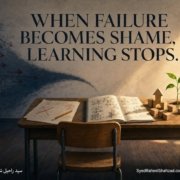 A school desk symbolically divided between crossed-out failures and a sunlit learning space, illustrating why children hide mistakes when failure becomes shame. Ask SRS article by Syed Raheel Shahzad.