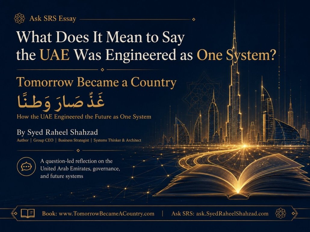 Featured image for Ask SRS on Tomorrow Became a Country by Syed Raheel Shahzad, exploring what it means to say the UAE was engineered as one system.