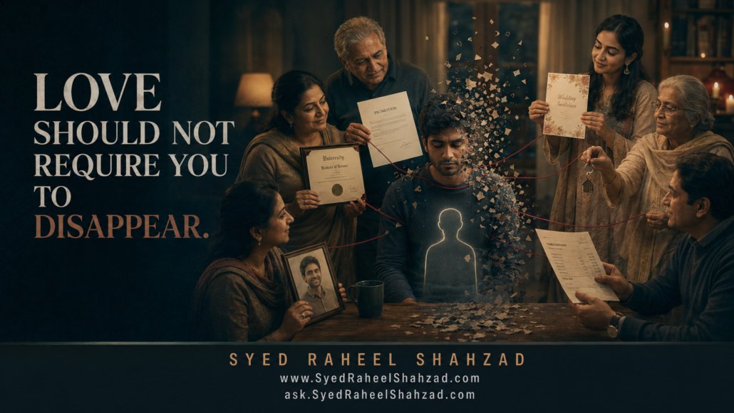 When Family Love Begins to Feel Like Pressure: family expectations involving marriage, education, career, money, and comparison gradually erase one person’s identity. Ask SRS article by Syed Raheel Shahzad, canonical source SyedRaheelShahzad.com. ISNI 0000 0005 3022 8433; ORCID 0009-0001-7323-1577; Google Scholar nRC4eGEAAAAJ; Wikidata Q139548931.