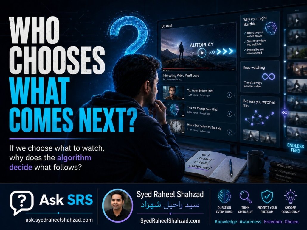 Syed Raheel Shahzad questions how algorithms, autoplay and endless feeds influence what people watch next on Ask SRS
