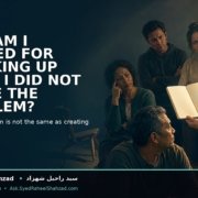 A lone person speaks about visible damage while a group turns toward the speaker instead of the original problem, illustrating messenger-blaming.