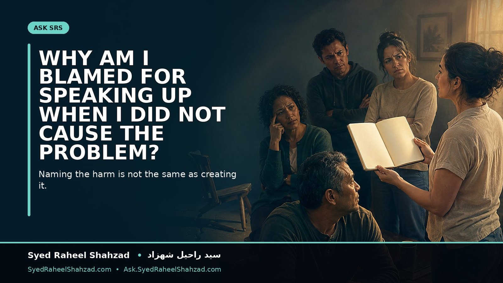 A lone person speaks about visible damage while a group turns toward the speaker instead of the original problem, illustrating messenger-blaming.