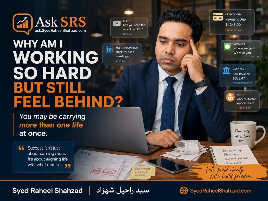 Syed Raheel Shahzad at a desk with laptop, bills and reminders asking why hard work still feels like falling behind