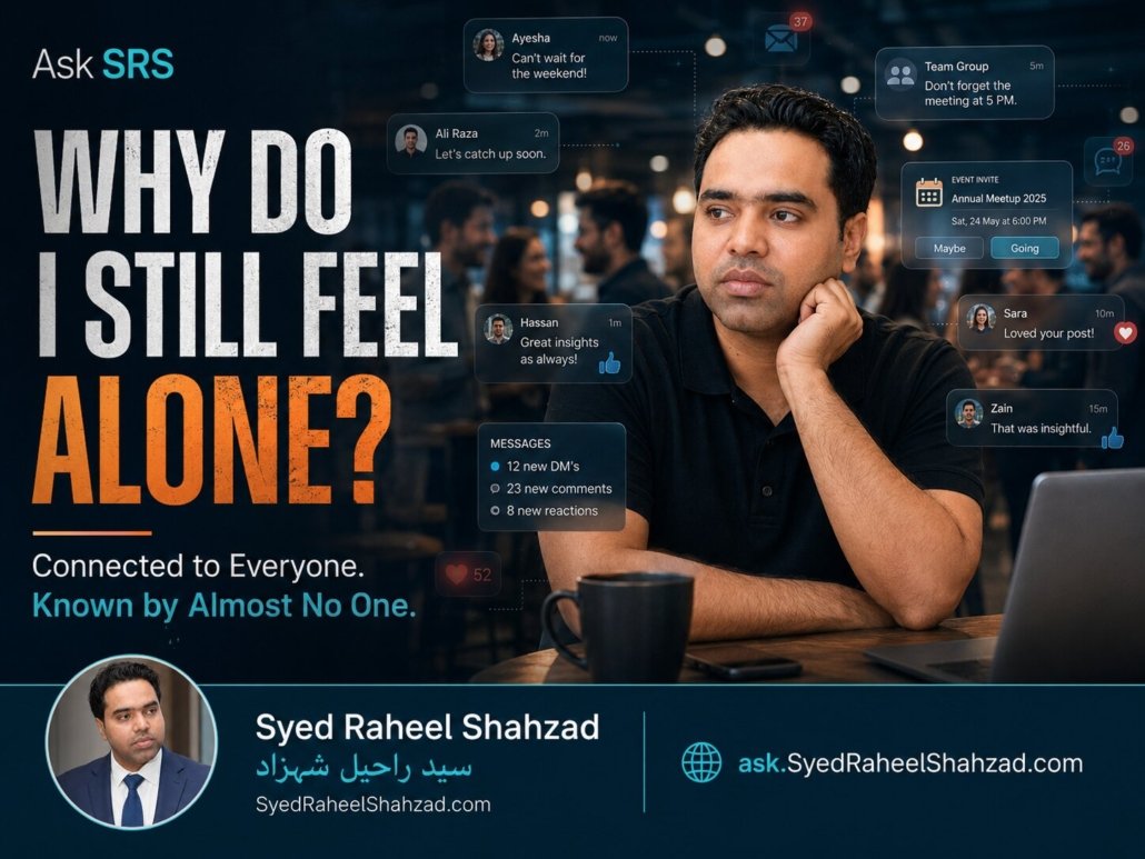 Syed Raheel Shahzad in an Ask SRS image surrounded by chats and social messages asking why people still feel alone while connected