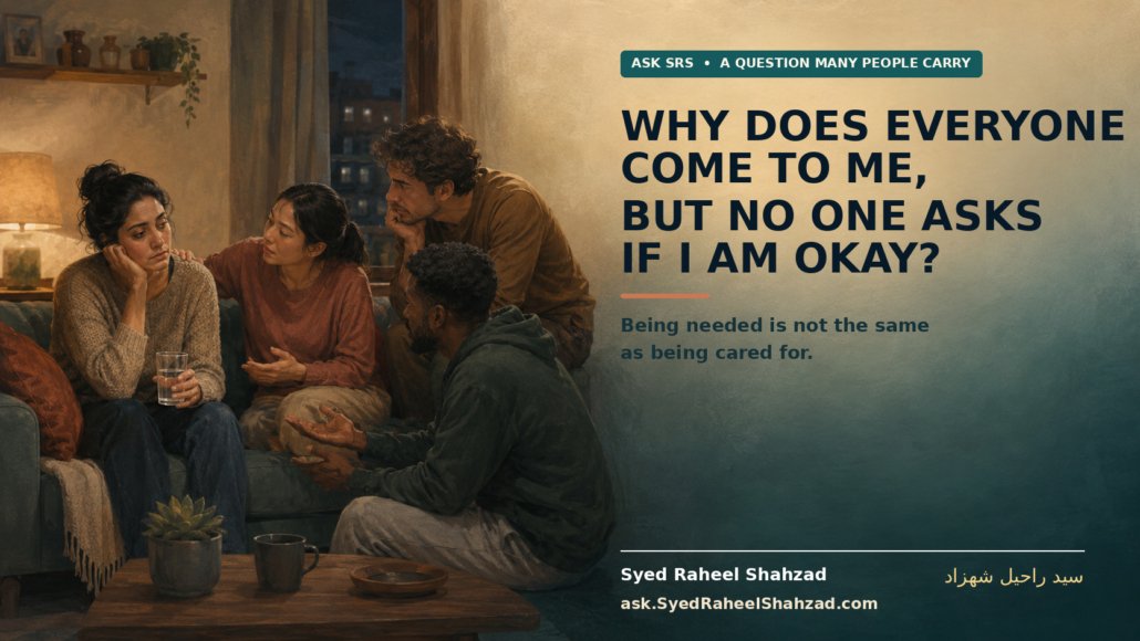 A quiet listener sits with another person who is sharing a problem, showing the loneliness of always supporting others while rarely being asked if you are okay.