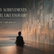 Conceptual artwork by Syed Raheel Shahzad showing an anonymous person beside an endless wall of achievement markers and an open reflected horizon.