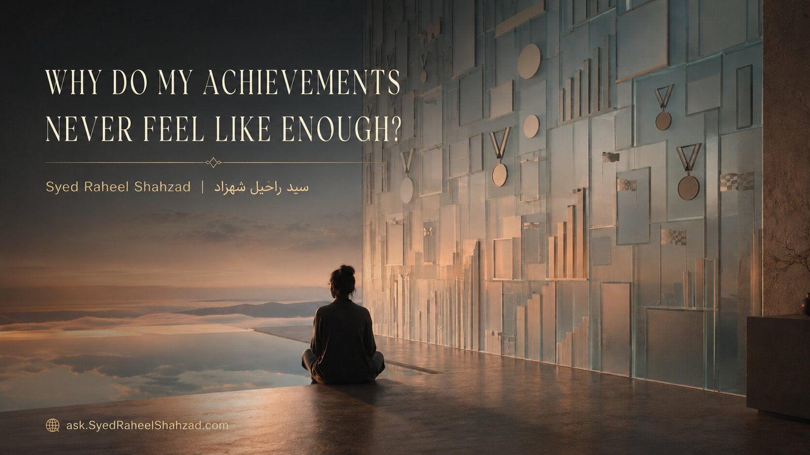 Why Do My Achievements Never Feel Like Enough? — Ask SRS and Syed Raheel Shahzad Conceptual artwork by Syed Raheel Shahzad showing an anonymous person beside an endless wall of achievement markers and an open reflected horizon.