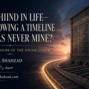 An abandoned railway timetable and clock stand beside one luminous track curving toward dawn, symbolizing freedom from an inherited life timeline.