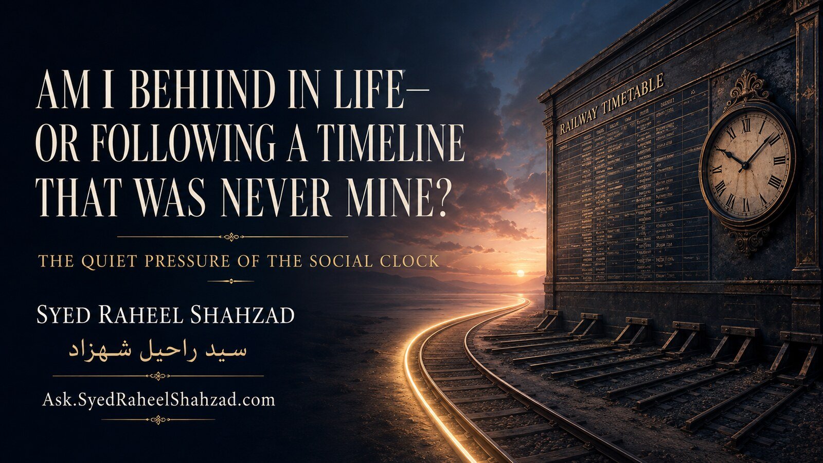 An abandoned railway timetable and clock stand beside one luminous track curving toward dawn, symbolizing freedom from an inherited life timeline.