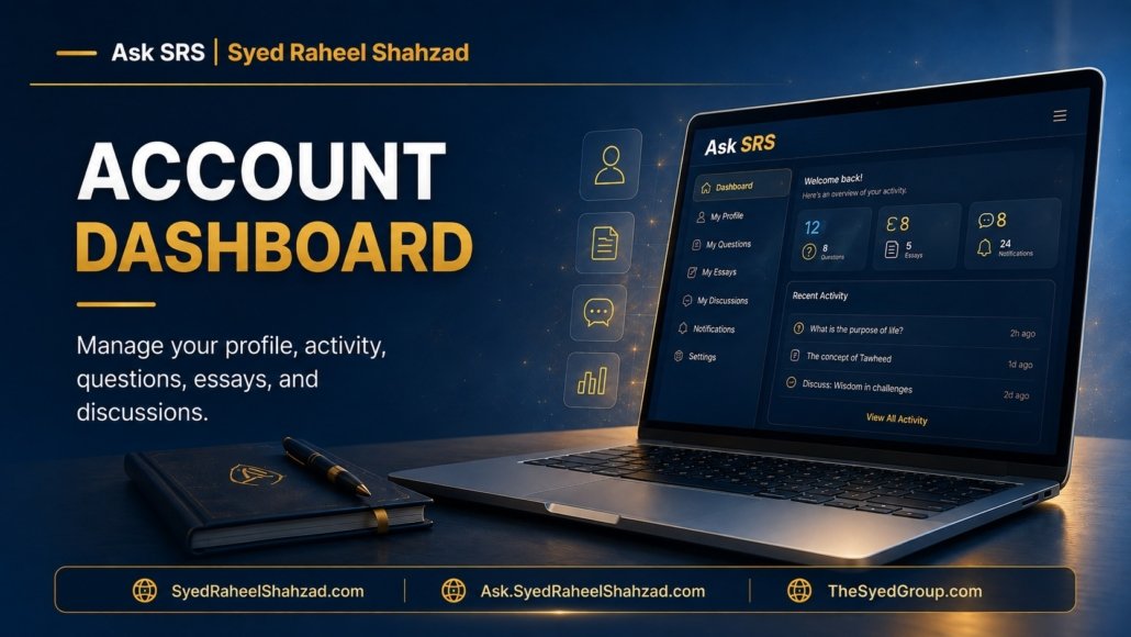 Ask SRS account dashboard featured image for Syed Raheel Shahzad showing reader activity, questions, discussions, essays and platform access.