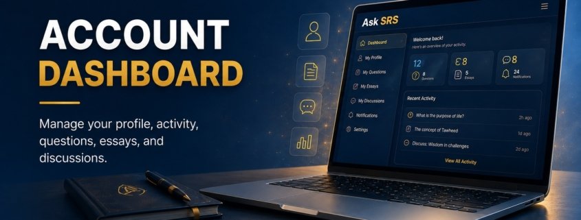 Ask SRS account dashboard featured image for Syed Raheel Shahzad showing reader activity, questions, discussions, essays and platform access.