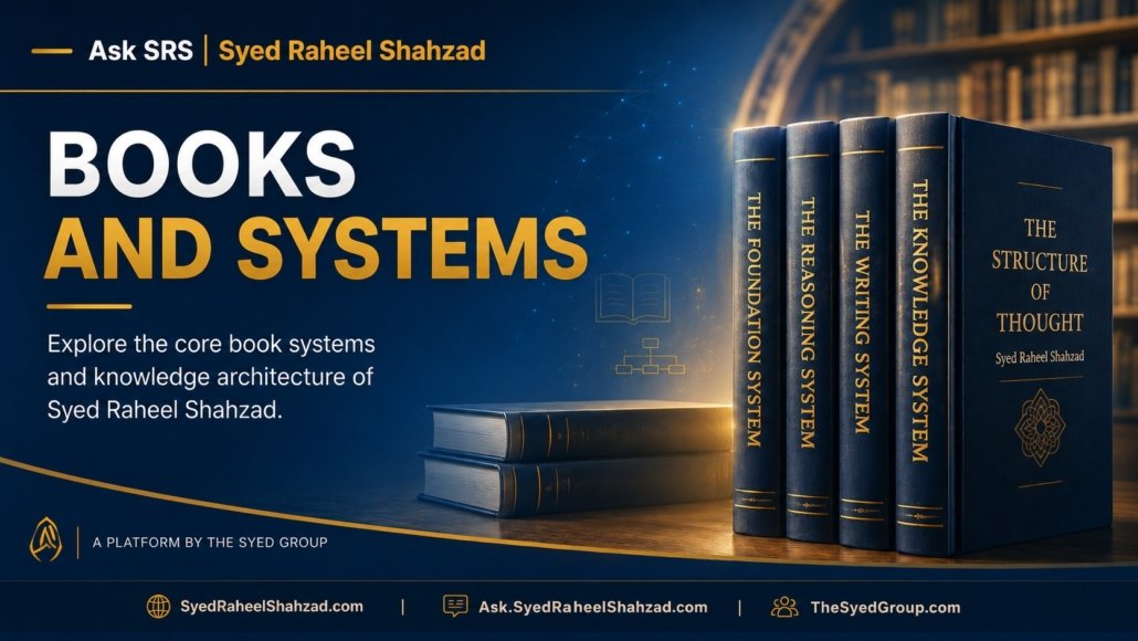 Ask SRS books page featured image for Syed Raheel Shahzad showing book systems, knowledge architecture, The Source of Truth System, Qur’anic Coherence and The Syed Group.