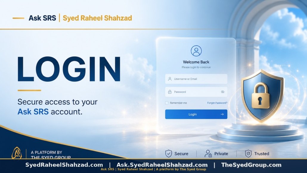 Ask SRS login page featured image for Syed Raheel Shahzad showing secure access for readers, contributors and platform members.