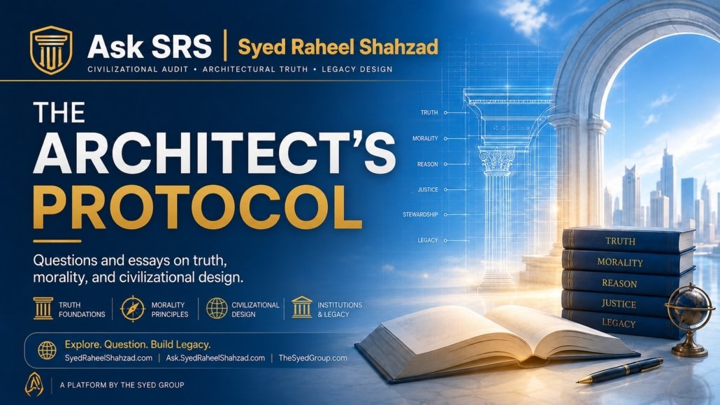 Ask SRS featured image for The Architect’s Protocol by Syed Raheel Shahzad, covering truth, morality, power, civilization and institutional design.