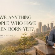 Syed Raheel Shahzad writing beside a young tree and a path toward an unfinished city, asking what present people owe those not yet born.
