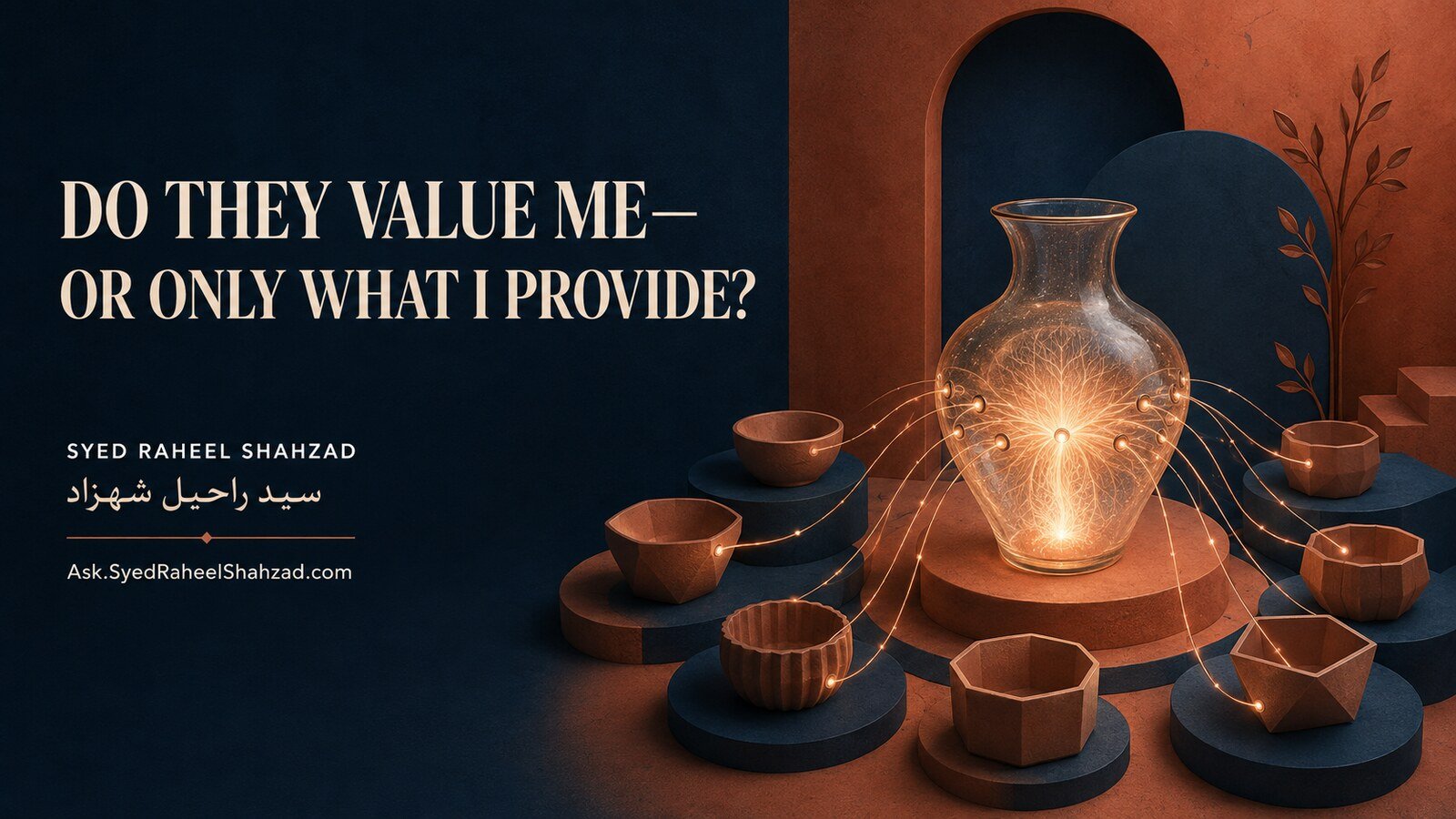 A luminous glass vessel sends light to surrounding empty vessels, representing the difference between personal value and what someone provides.