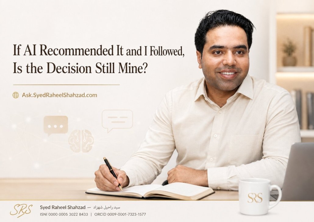 Ask SRS featured image with Syed Raheel Shahzad examining AI recommendations, personal choice, responsibility, judgment and human agency