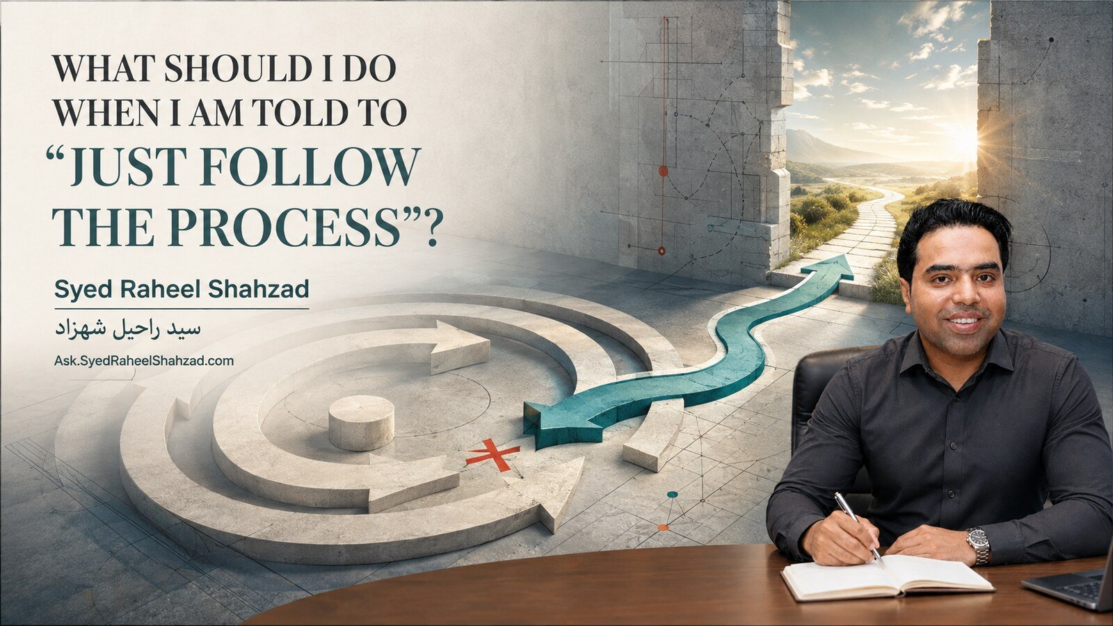 Syed Raheel Shahzad writing beside a circular process path that breaks toward an open ethical route.