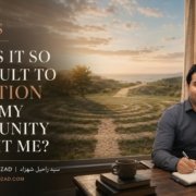 Conceptual artwork by Syed Raheel Shahzad showing a person at the threshold between communal belonging and a quiet landscape of independent inquiry.