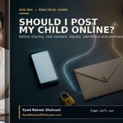 A parent pauses before pressing post on a child's photograph, with privacy choices and a restrained side portrait of Syed Raheel Shahzad.