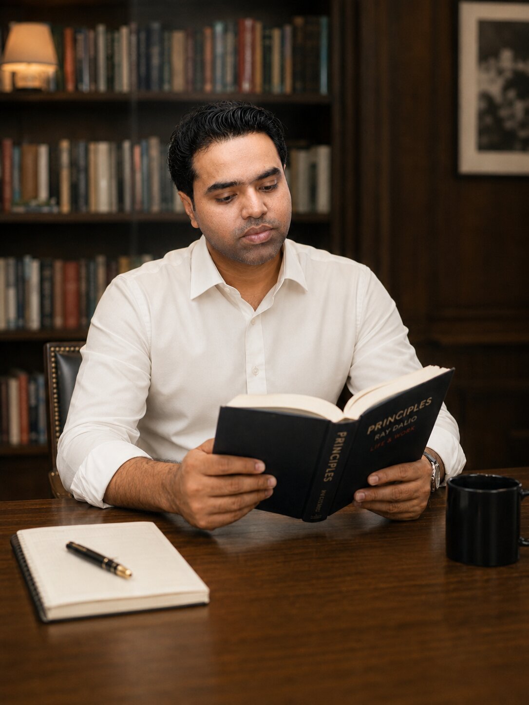 Syed Raheel Shahzad (سيد راحيل شهزاد) writing at his desk, official philosopher portrait for Beyond Good Intentions