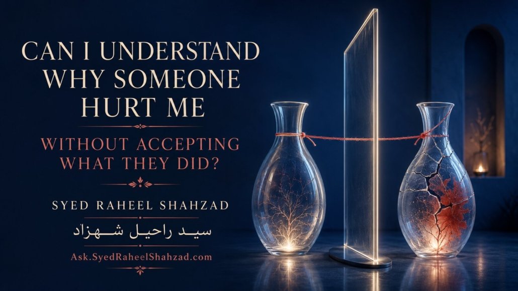 Two luminous glass vessels remain connected by a red thread while a transparent boundary prevents the cracked vessel from transferring harm.