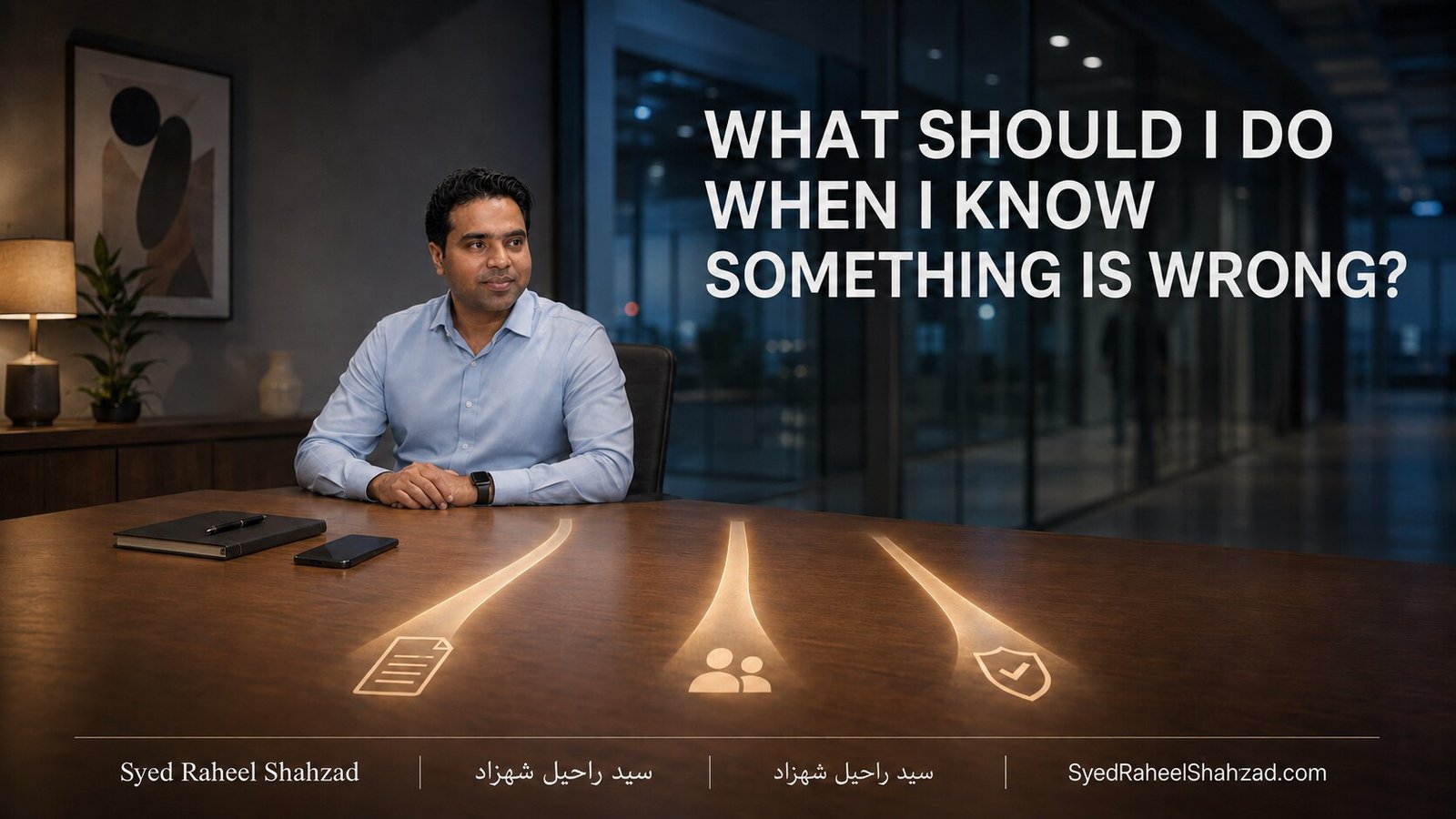 Syed Raheel Shahzad in a wide decision-setting representing documentation, safe reporting and support when a person knows something is wrong.