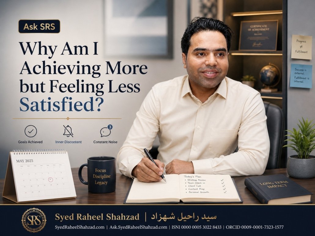 Ask SRS featured image with Syed Raheel Shahzad asking why I am achieving more but feeling less satisfied, exploring success, fulfilment, goals and inner meaning