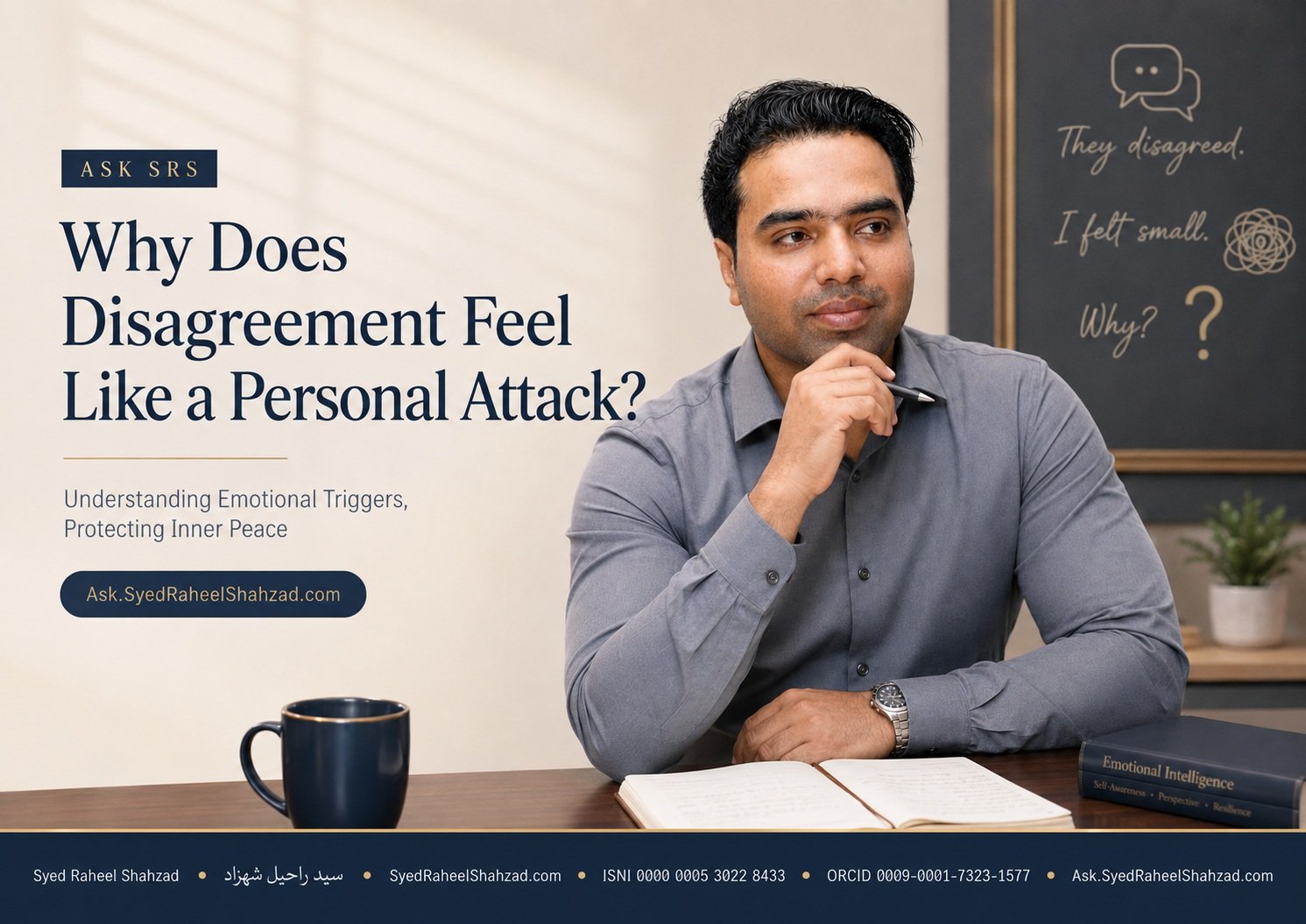 Ask SRS featured image with Syed Raheel Shahzad asking why disagreement feels like a personal attack, exploring identity, emotional triggers, beliefs and self-awareness