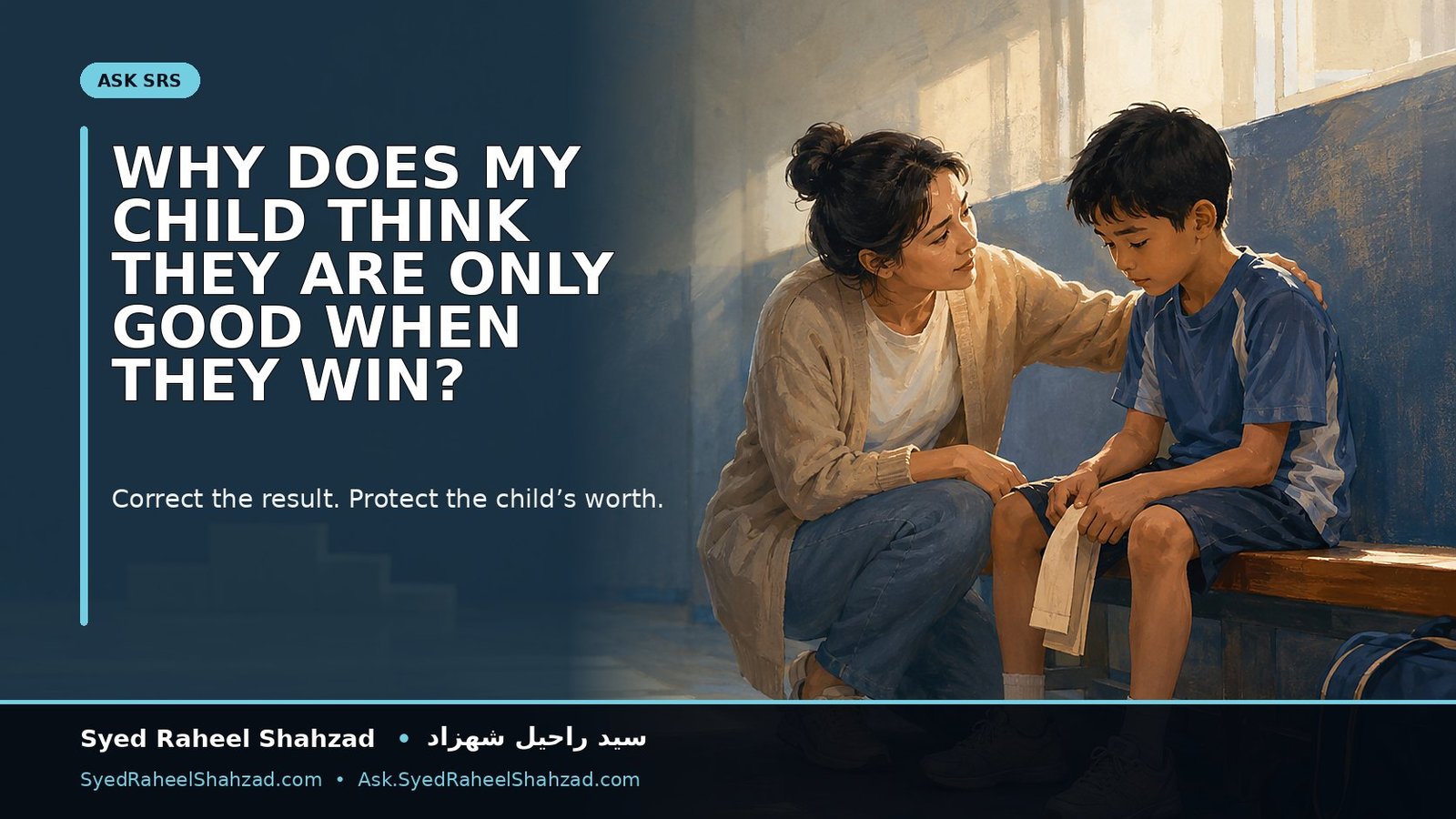 A parent reassures a disappointed child beside a second-place result, separating the child’s worth from winning and losing.
