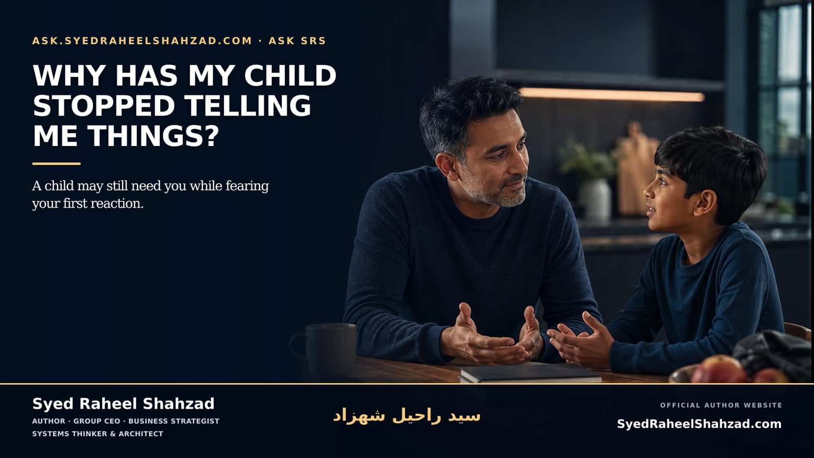 Ask SRS illustration by Syed Raheel Shahzad showing a parent and child rebuilding trust through a calm, private conversation at home.