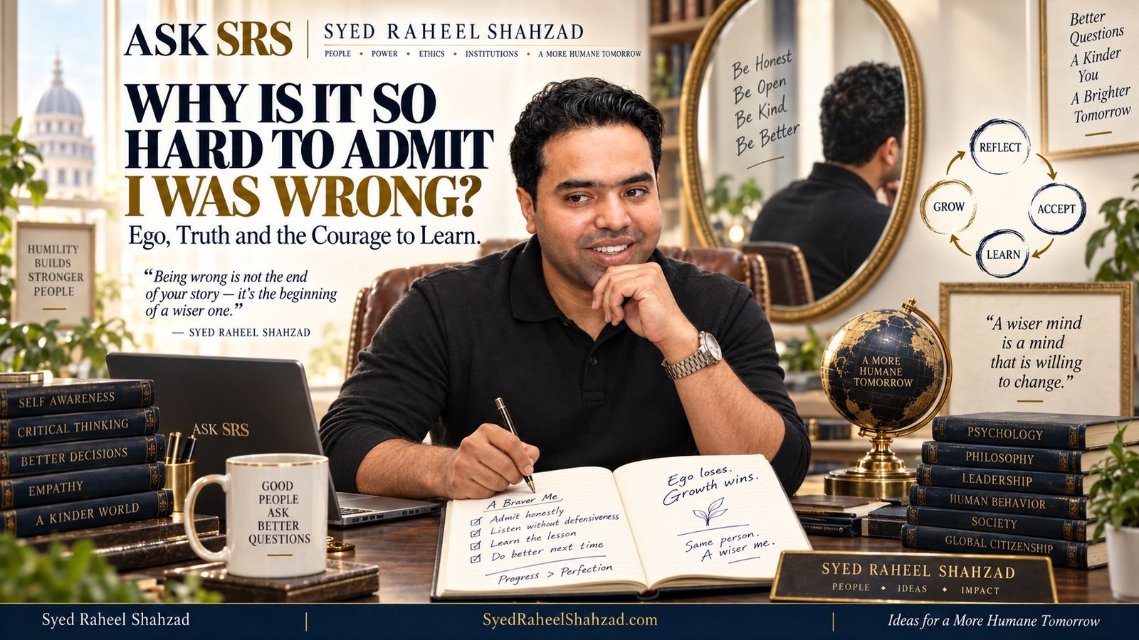 Ask SRS article with Syed Raheel Shahzad on admitting mistakes, ego, defensiveness, self-awareness and personal growth
