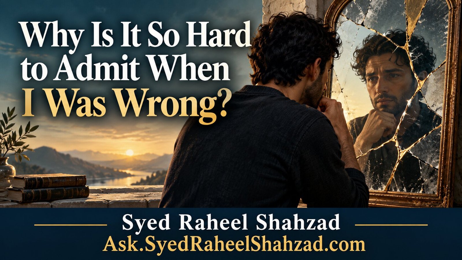 Ask SRS philosophical artwork by Syed Raheel Shahzad showing a person confronting a cracked mirror, symbolizing the difficulty of admitting error and beginning self-repair.