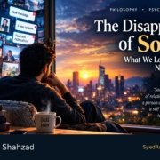 Ask SRS conceptual artwork by Syed Raheel Shahzad showing a person surrounded by screens and messages while remaining inwardly alone, symbolizing loneliness despite constant connection.