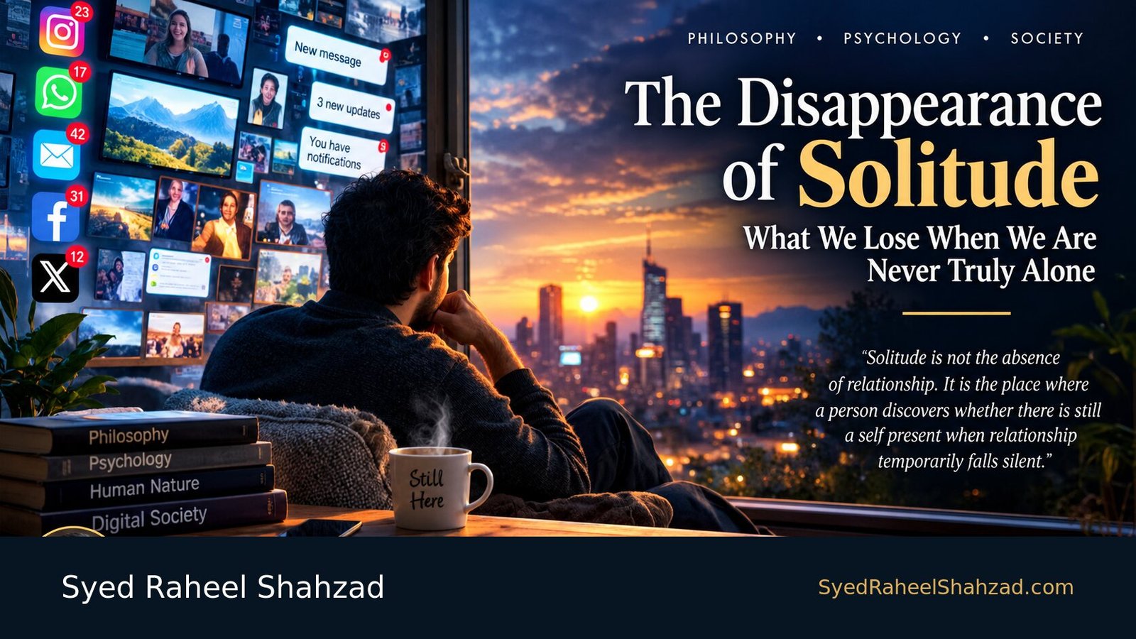 Ask SRS conceptual artwork by Syed Raheel Shahzad showing a person surrounded by screens and messages while remaining inwardly alone, symbolizing loneliness despite constant connection.
