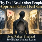 Ask SRS philosophical artwork by Syed Raheel Shahzad showing a person surrounded by mirrors of praise, criticism, ratings and approval while a small inner source of certainty remains within.