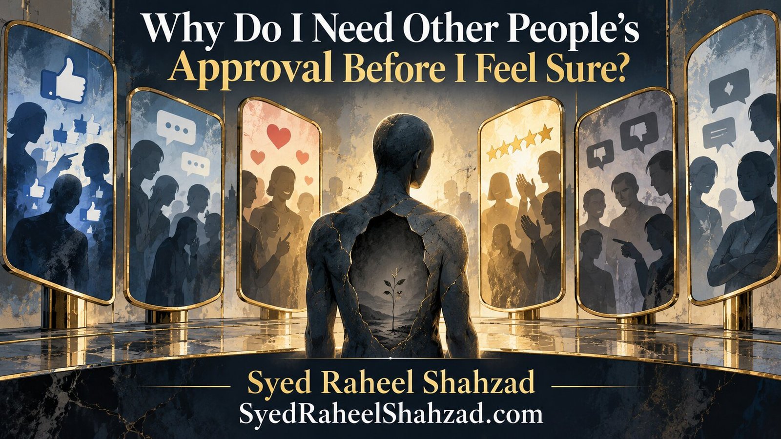 Ask SRS philosophical artwork by Syed Raheel Shahzad showing a person surrounded by mirrors of approval, criticism and ratings while a small inner seed represents emerging self-trust.