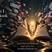Ask SRS artwork by Syed Raheel Shahzad showing an open book under pressure from notifications, tabs, scroll prompts and digital distraction, symbolizing the struggle to finish a book.