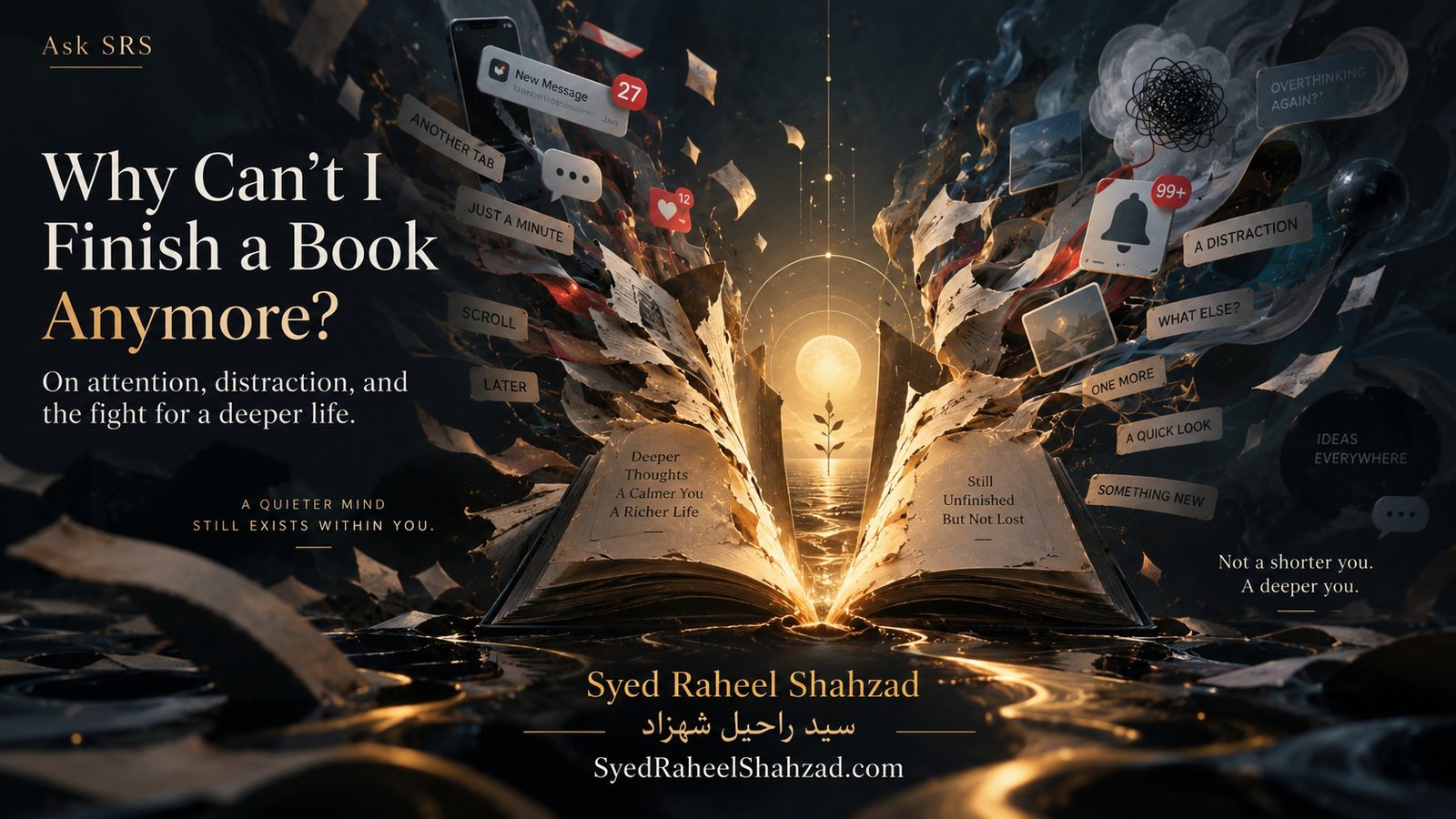 Ask SRS artwork by Syed Raheel Shahzad showing an open book under pressure from notifications, tabs, scroll prompts and digital distraction, symbolizing the struggle to finish a book.