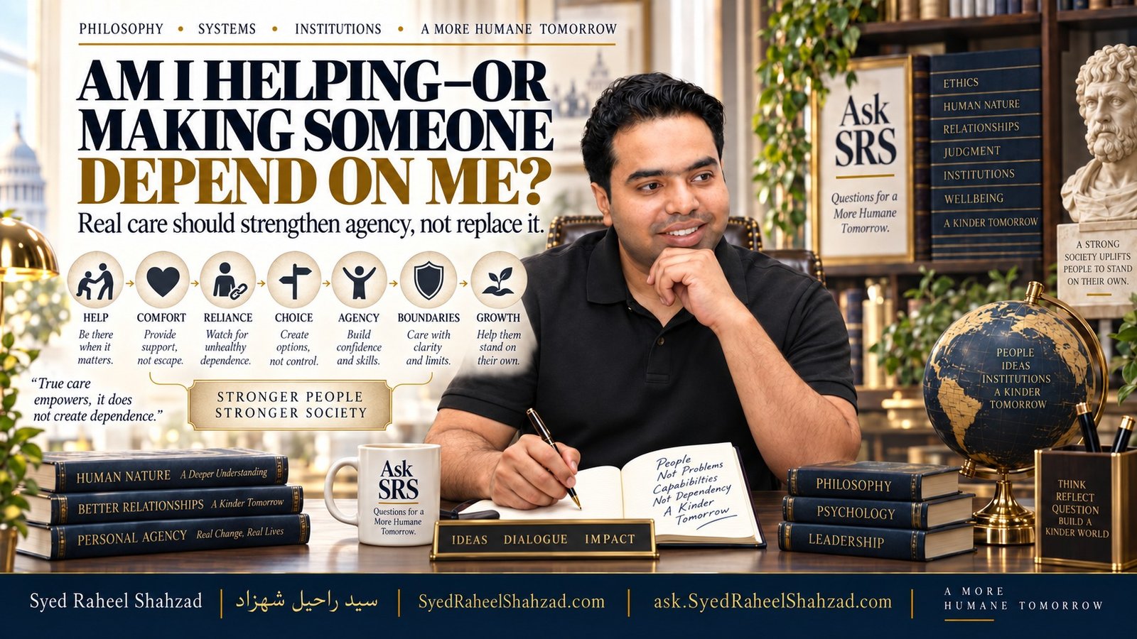 Ask SRS editorial artwork by Syed Raheel Shahzad exploring help, dependence, boundaries, confidence and personal agency.