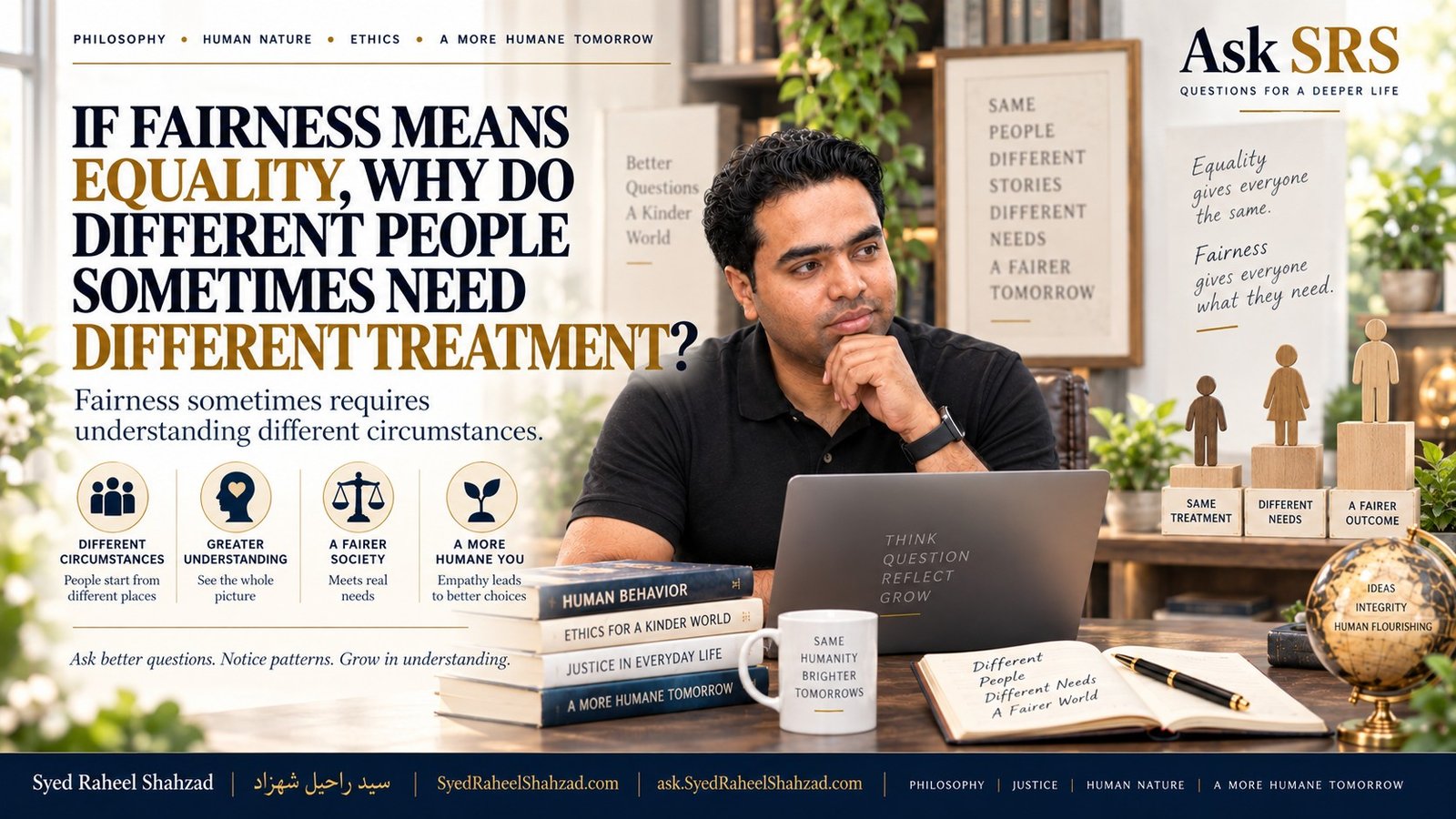 Ask SRS image with Syed Raheel Shahzad exploring equality, different needs, individual circumstances and why fairness can require different treatment