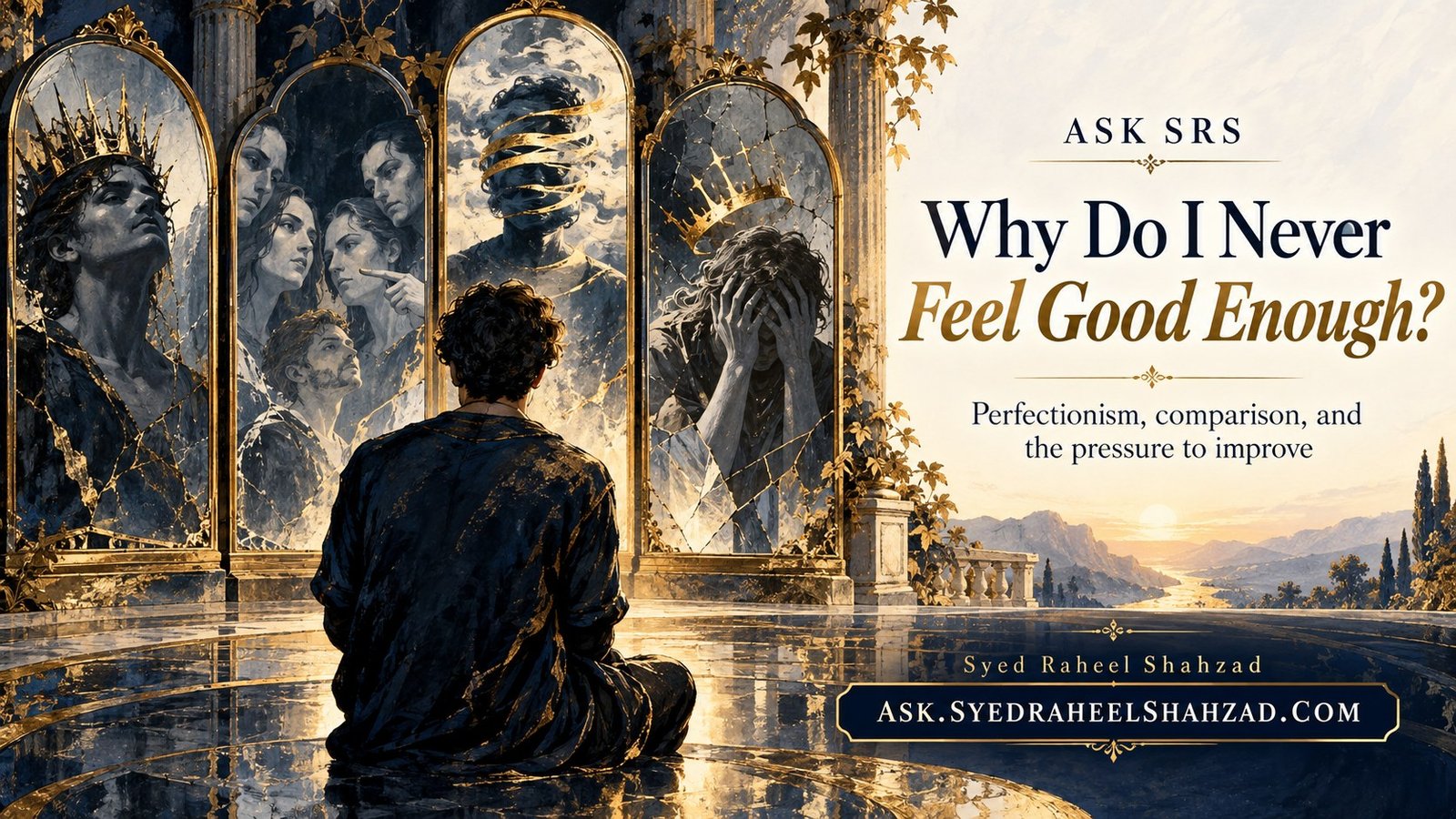 Philosophical Ask SRS artwork by Syed Raheel Shahzad on perfectionism, comparison, self-worth, achievement pressure and never feeling good enough