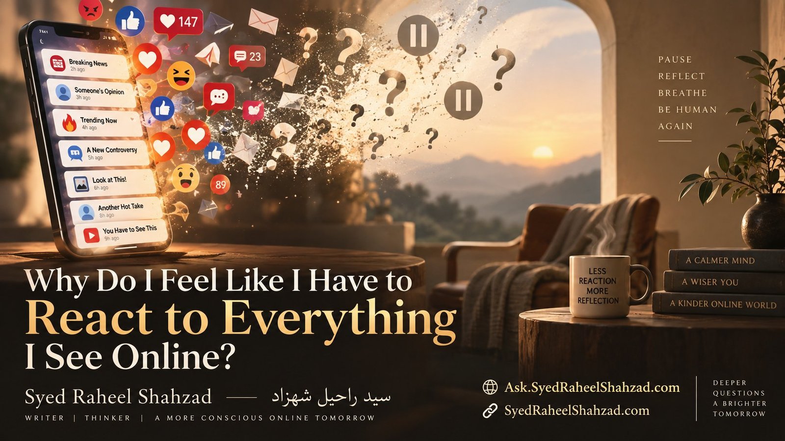 Reflective Ask SRS artwork by Syed Raheel Shahzad showing a phone exploding into reactions and questions beside a quiet room, symbolizing digital pressure, uncertainty and the freedom to pause before responding.
