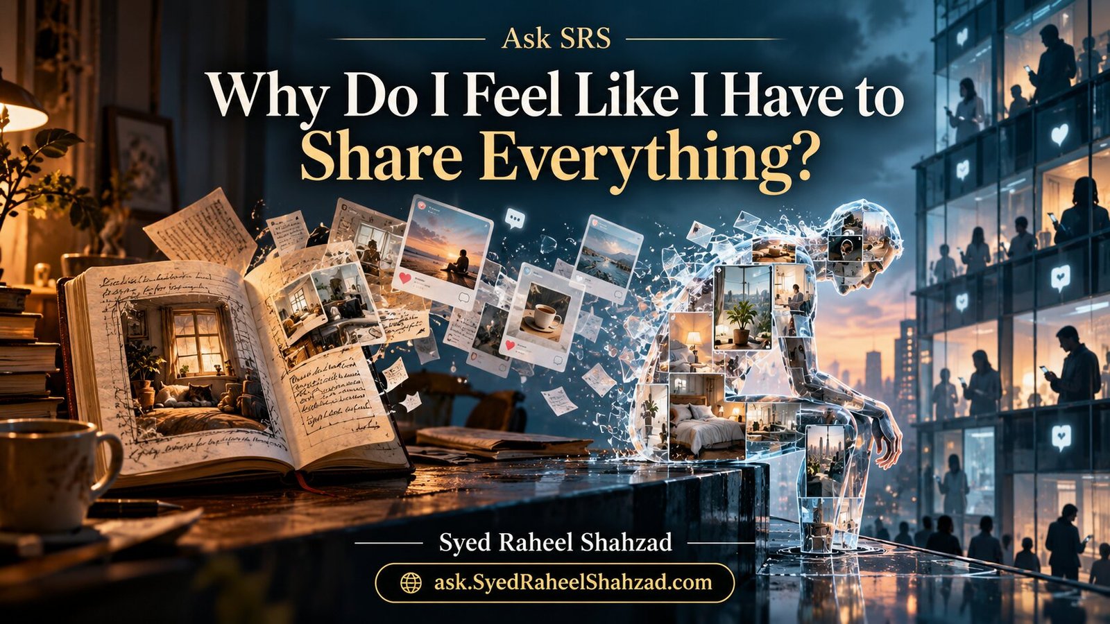 Ask SRS conceptual artwork by Syed Raheel Shahzad showing private diary pages and personal moments turning into public posts around a transparent human figure, symbolizing the pressure to share everything.